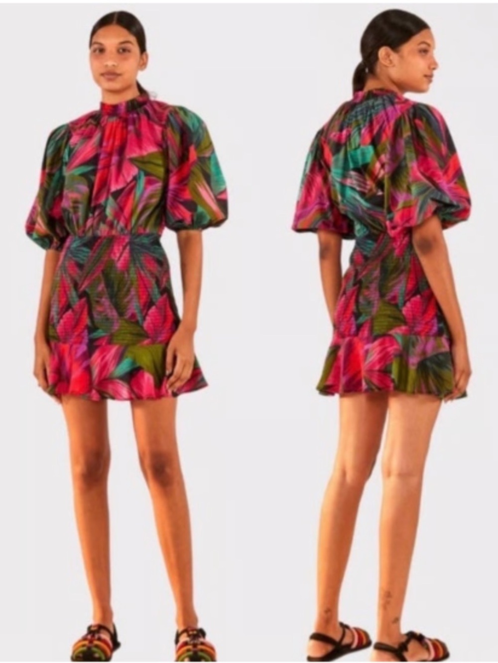 FARM Rio Midnight Leaves Mini Dress in Pink & Green Size Small